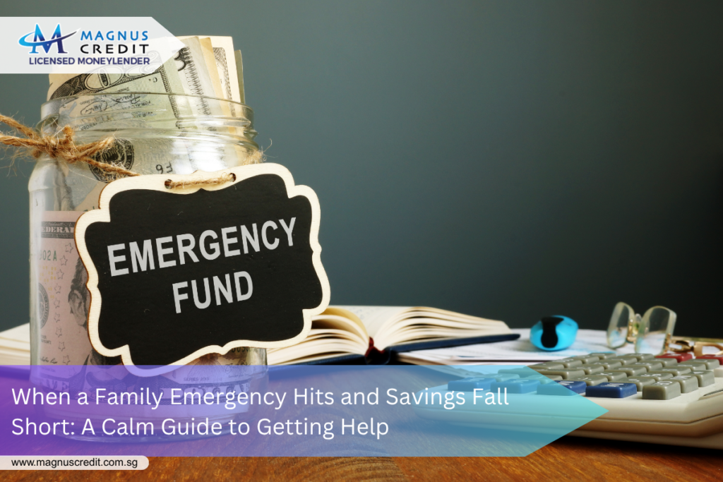 Emergency cash loan Singapore guide with bills and calculator on a table