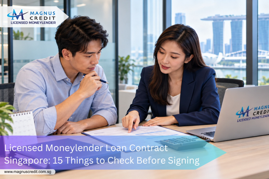 Licensed Moneylender Loan Contract Singapore: 15 Things to Check Before Signing 1 Borrower reviewing a licensed moneylender loan contract with Magnus Credit in Singapore.