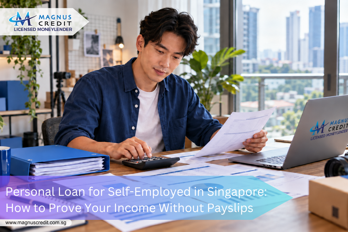 Self-employed applicant reviewing income records for a personal loan with Magnus Credit in Singapore.