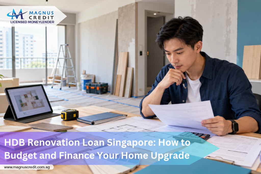 HDB Renovation Loan Singapore: How to Budget and Finance Your Home Upgrade 1 Singapore homeowner reviewing an HDB renovation quotation, floor plan and financing budget.